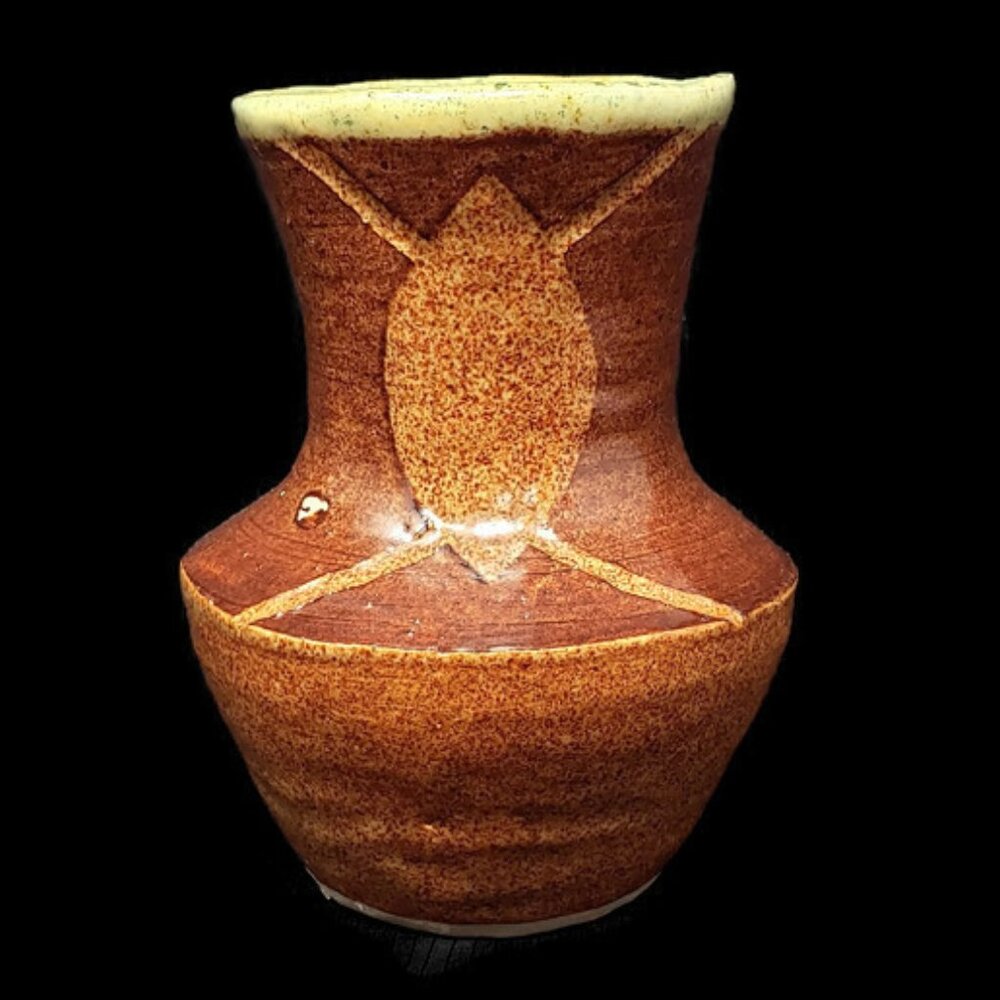 Crude Art Pottery 6" Vase Brutalist Boho Incised Signed PJs 1993 Heavy Vintage